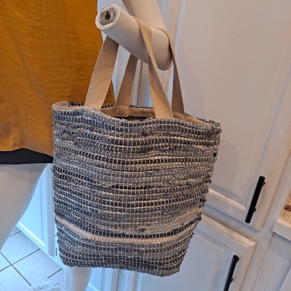 Casual Woven Blue Denim and Silver Fpil Strung Tote With Tan Canvas Straps